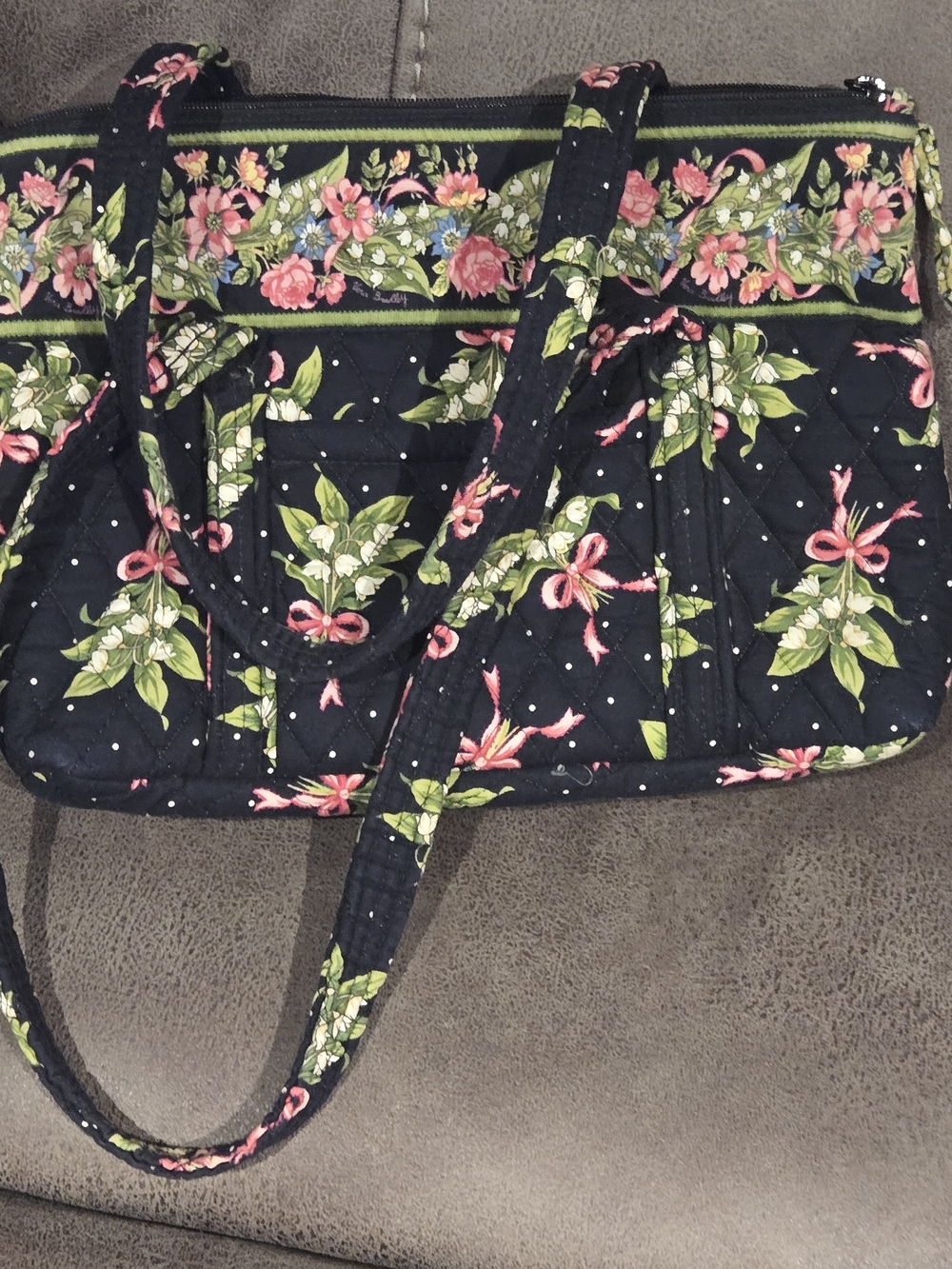 Vera Bradley Retired"New Hope" Floral Quilted Tote Bag Purse Pockets Black Pink - Picture 5 of 12